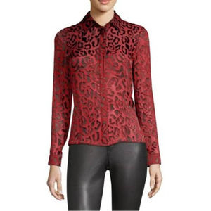 Alice + Olivia Womens Leopard Sheer Blouse Long Sleeve Collar Neck Size S Red